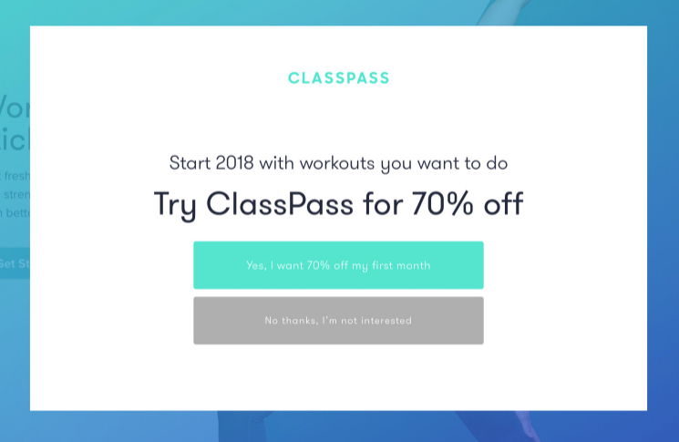 A successful call to action on a popup on classpass