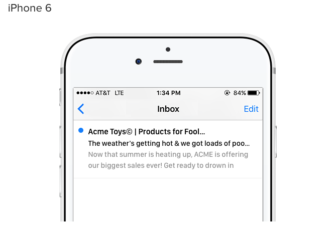 Subject line and preheader text preview on a iphone 6 mobile phone